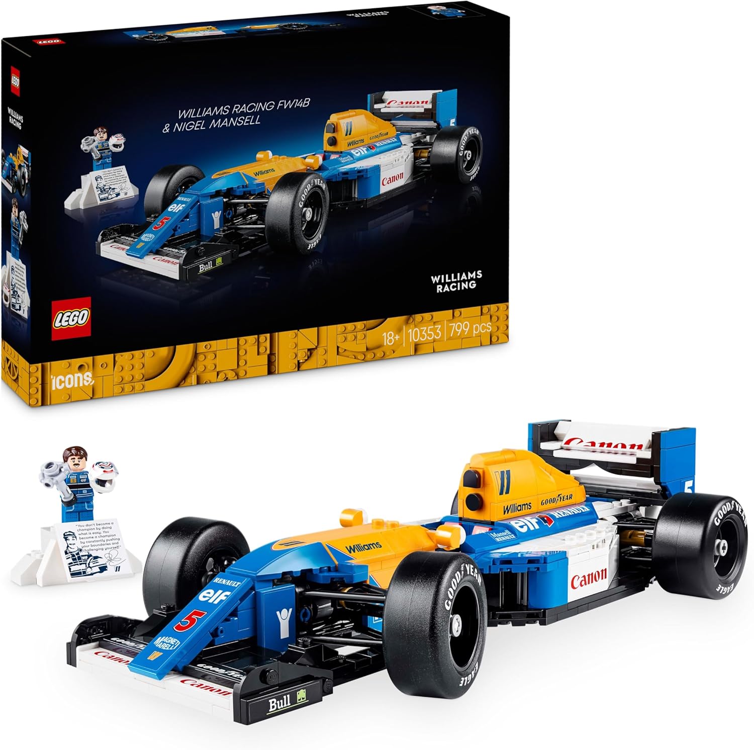 LEGO Icons Williams Racing FW14B & Nigel Mansell Hemmakontorsprydnad med F1-bilsmodellbyggsats för vuxna, julklapp eller racerbilspresent till motorsportfans 10353