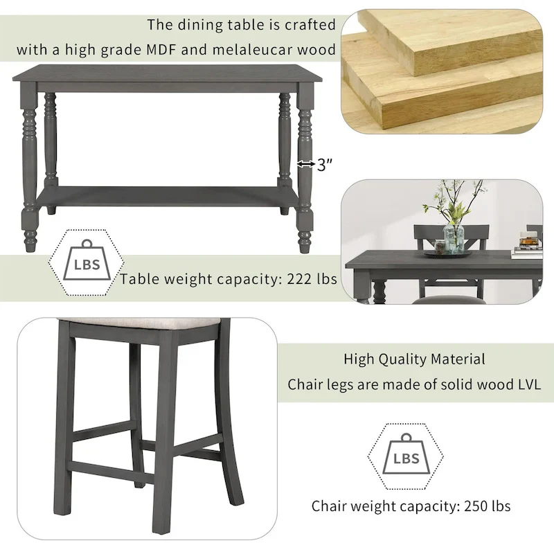 Nestfair 6-Piece Counter Height Dining Table Set with Chairs and Bench