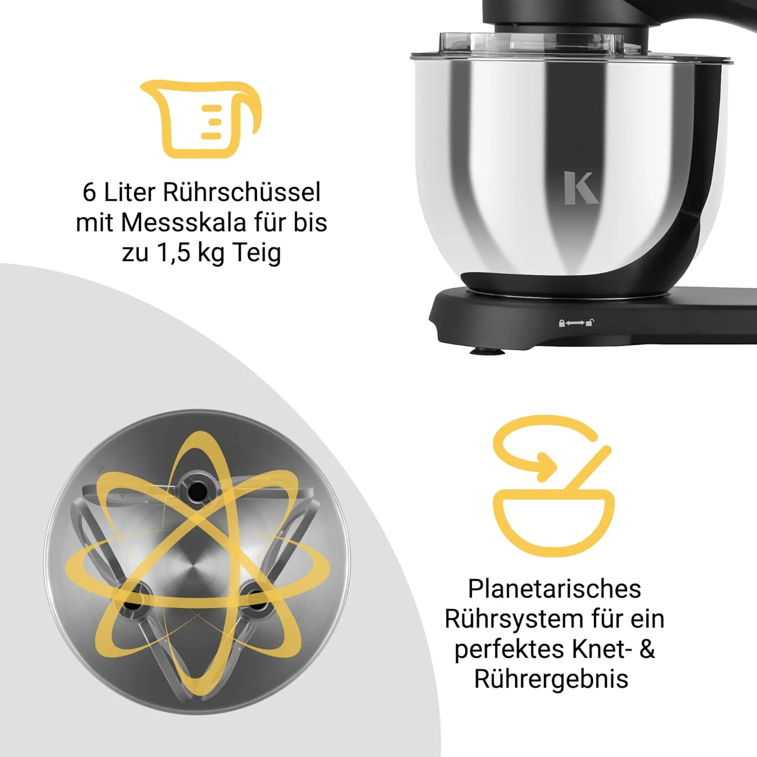 KLAMER Keukenmachine 1800W, Kneedmachine met 6 Liter RVS Kom, 10 Snelheidsstanden met Timer, Klopper, Deeghaak, Garde en Spatdeksel