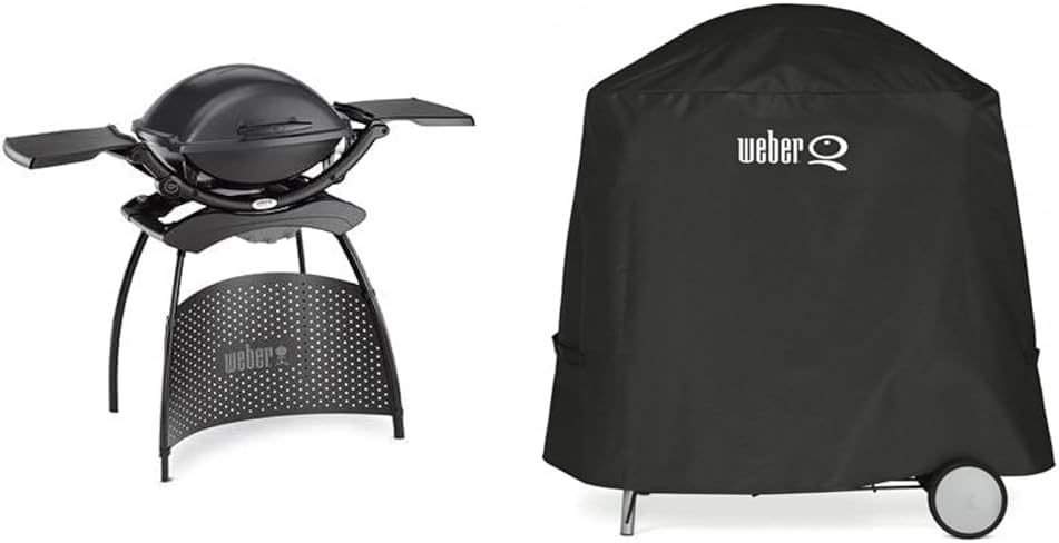 Weber Q2400 Elekrogrill mit Stand + Seitentischen, 54 x 39cm Grillfäche, portable, 2-geteilter porzellanemaillierter Guss-Grillrost, Aluminiumguss Deckel & Gehäuse - Dark Grey (55020879)