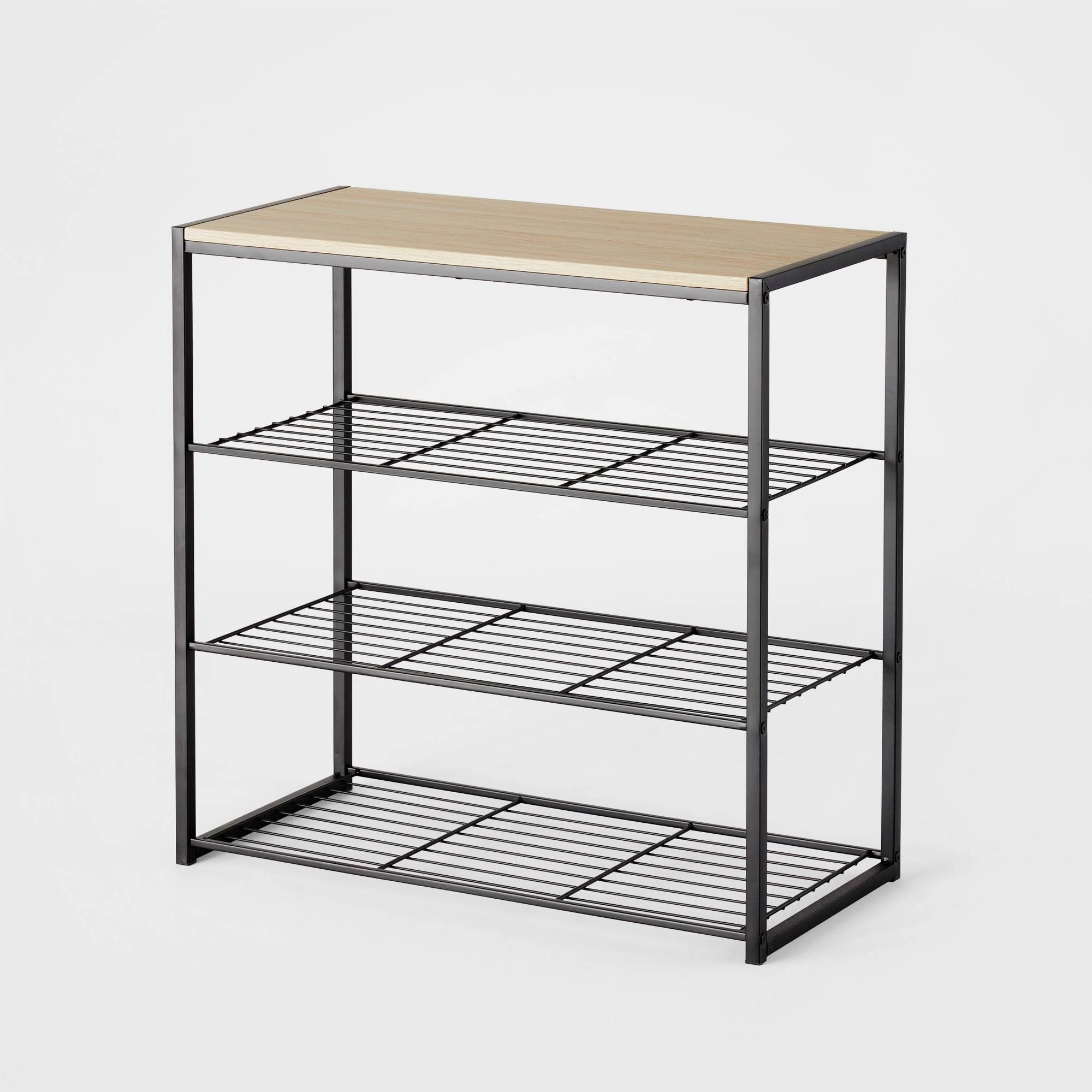 4 Tier Shoe Rack Black Metal with Natural Wood - Brightroom
