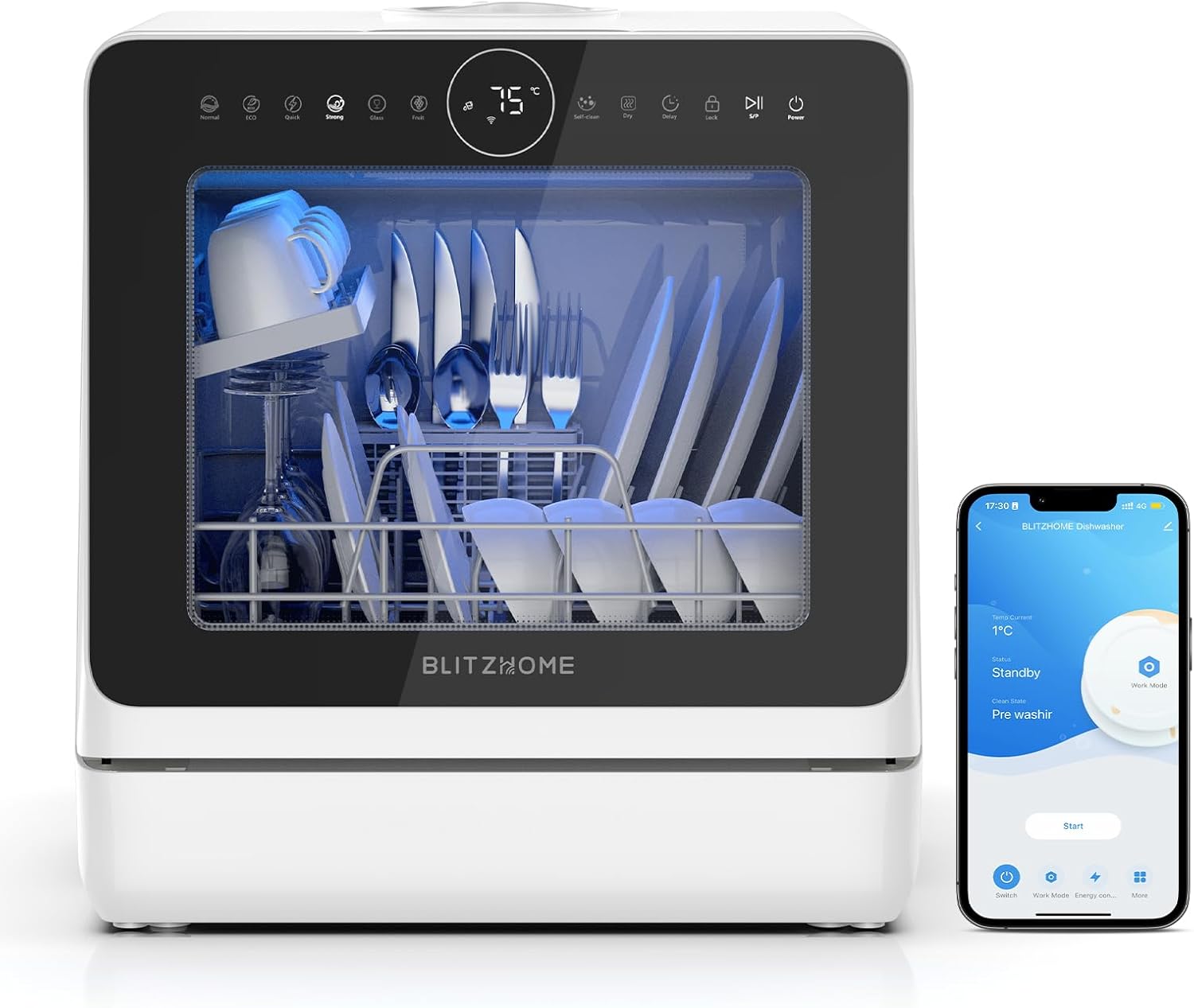 Mini Spülmaschine, BLITZHOME Geschirrspüler 8+2 Programme Smart App Steuerung Tragbarer Tischgeschirrspüler 5L Wassertank,mit/ohne Wasseranschluss Benutzbar, Trocken, Startverzögerung, Kindersicherung