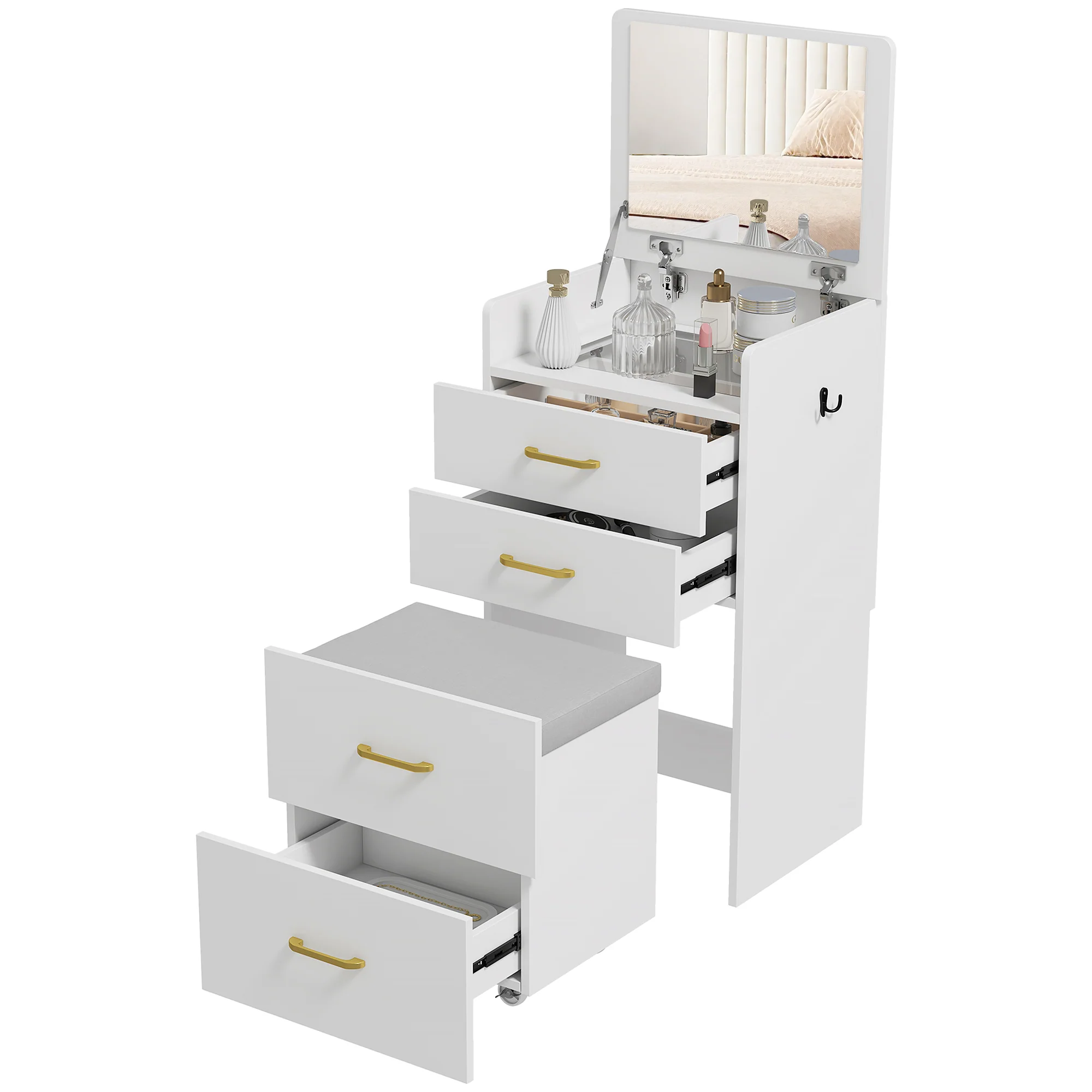 HOMCOM 3-in-1 Make-uptafel met Spiegel, Nachtkastje, Rollende Kruk, Lades, Wit