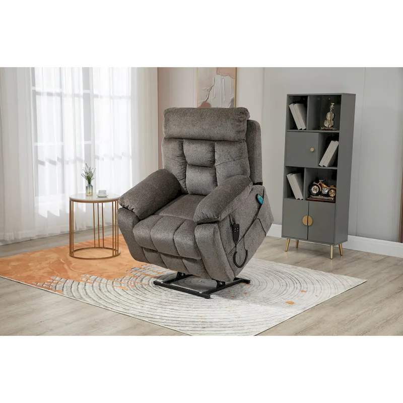 Gray Chenille Power Lift Recliner with Massage and Concealed Cup Holder