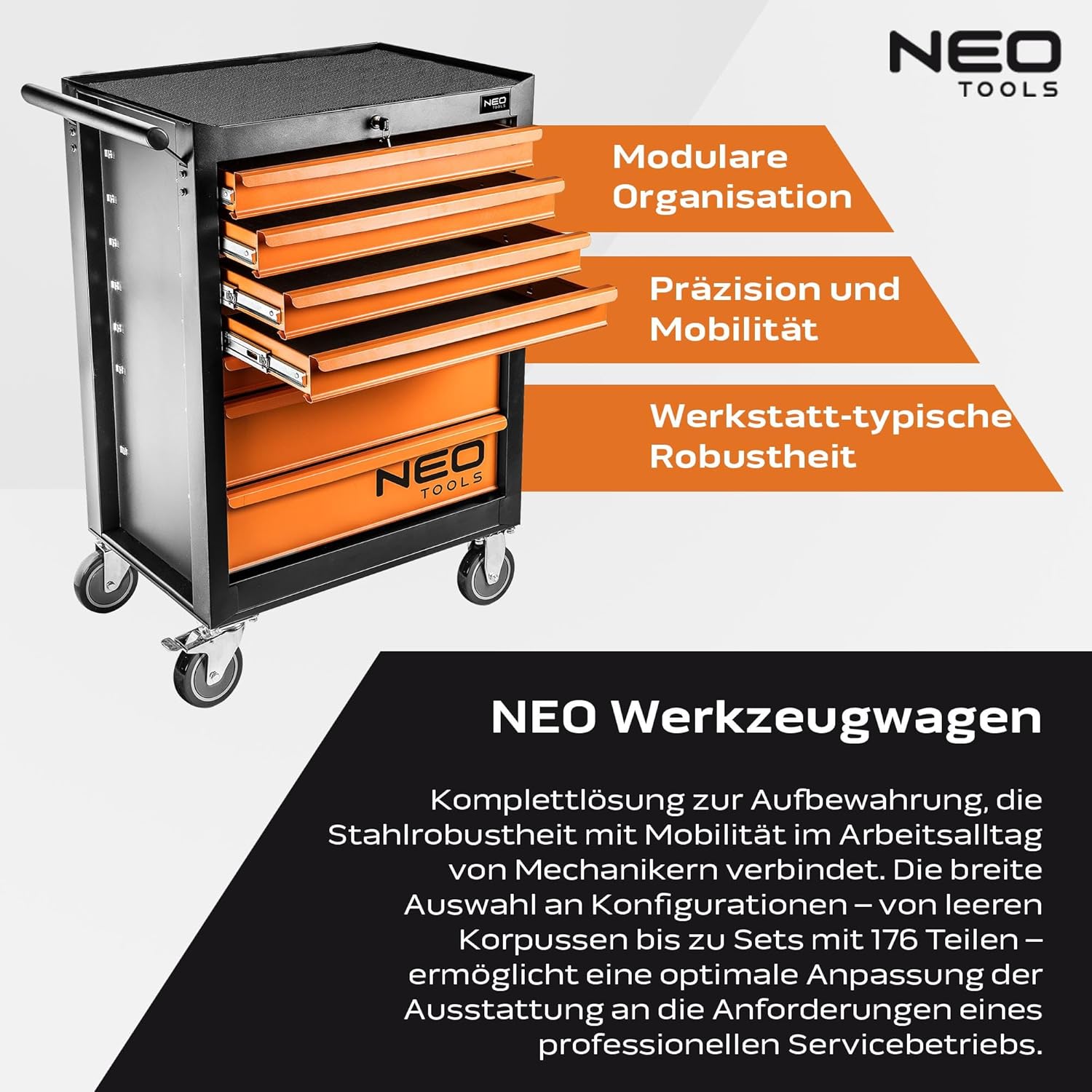 NEO TOOLS Werkzeugschrank 680x460x1030 mm, 7 Werkzeugschubladen, Belastbarkeit 280 kg, öl- und fettbeständiges Oberteil, Zentralverriegelung, Schubladenverriegelung, 5
