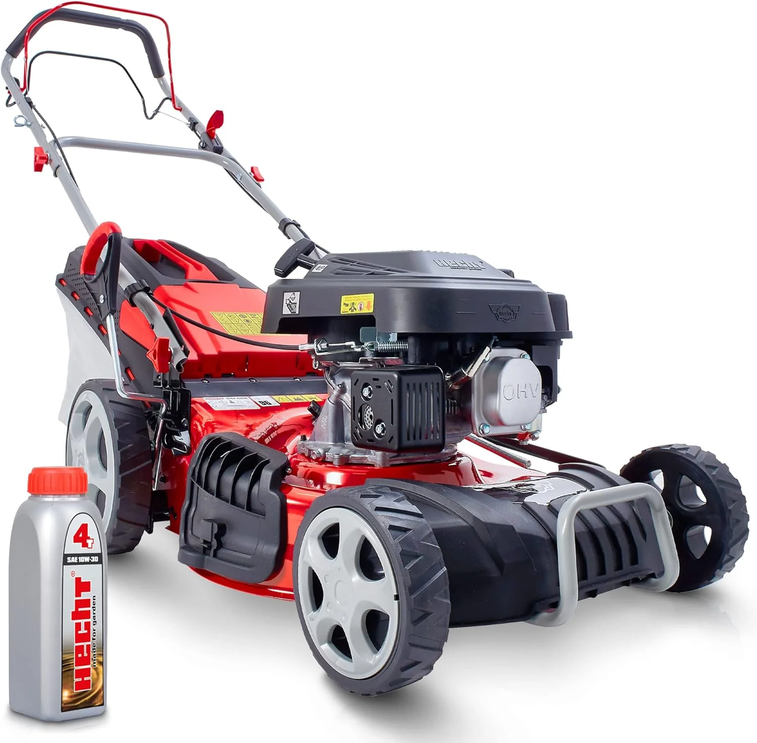 HECHT 5IN1 Benzine grasmaaier �C Comfortabele zelftrekker �C Voor oppervlakken tot 1000 m2 �C Krachtige 4-taktmotor met 46 cm maaibreedte �C Aandrijving op de wielen �C Mulchfunctie �C Zijuitworp �C Benzine grasmaaier
