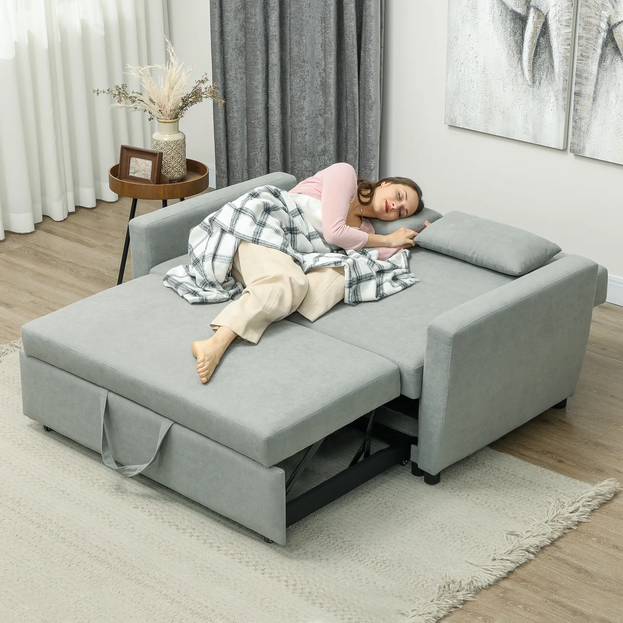 HOMCOM Schlafsofa 2-Sitzer mit Schlaffunktion und Rollen Eukalyptusholz