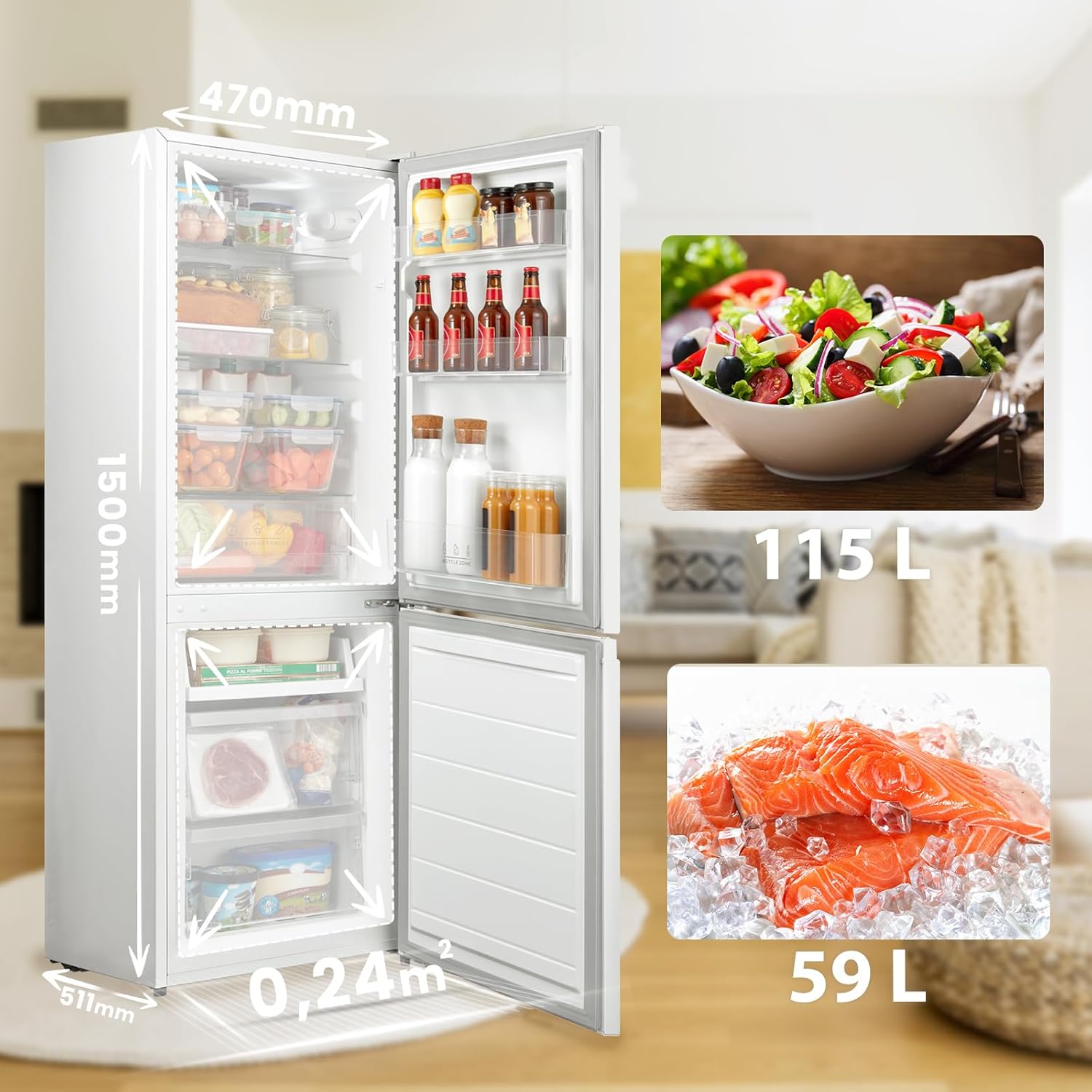 Comfee' RCB169DK3 Kühlschrank mit Gefrierfach 150cm Höhe/Kühl-/Gefrierkombination/Low Frost/174L/leise Kühlgefrierkombi 38dB/Einstellbare Kühlschranktemperatur/LED-Licht/156 kWh/Jahr/Schwarz