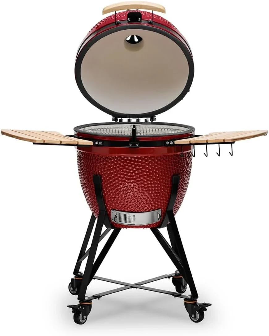 2026 Kamado BONO BBQ - Barbacoa Grande XXL con 10 accesorios - Ø 59 cm Kamado Barbacoa con Accesorios - Parrilla ahumador rojo en la terraza, balcón o jardín