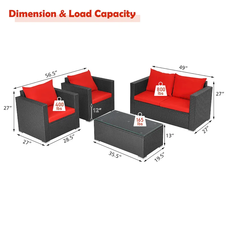 Costway 4 PCS Patio Rattan Furniture Set Cushioned Sofa Chair Coffee - See Description
