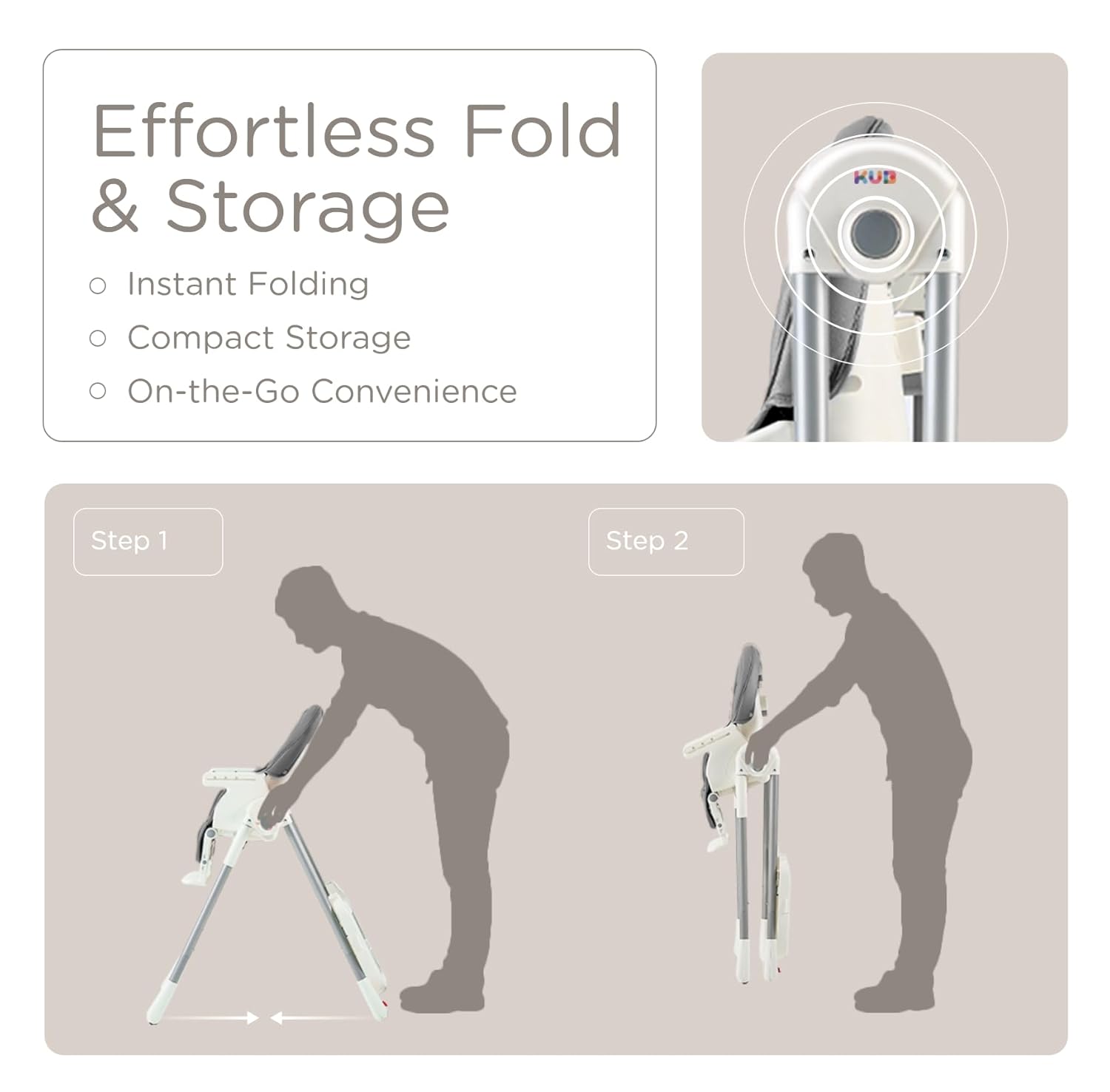 JBG Foldable Baby High Chair, Grey Faux Leather, Adjustable Height & Recline, Removable Tray, Locking Wheels, 5-Point Harness