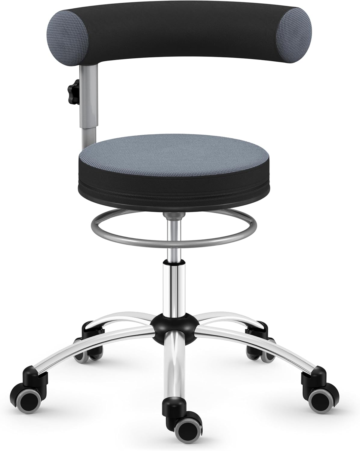Sanus®-Gesundheitsstuhl | Rollhocker mit 360° Lehne, höhenverstellbarer Lehne, Sitzhöhe (42-51 cm), Stoffbezug grau/schwarz, Rollstopp-Rollen. Ergonomischer Bürostuhl, Erzieherstuhl