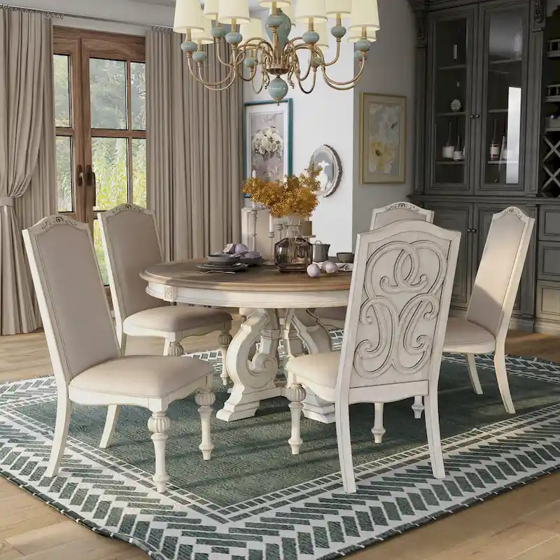 Round Dining Table Set with 6 Upholstered Chairs and Pedestal Base