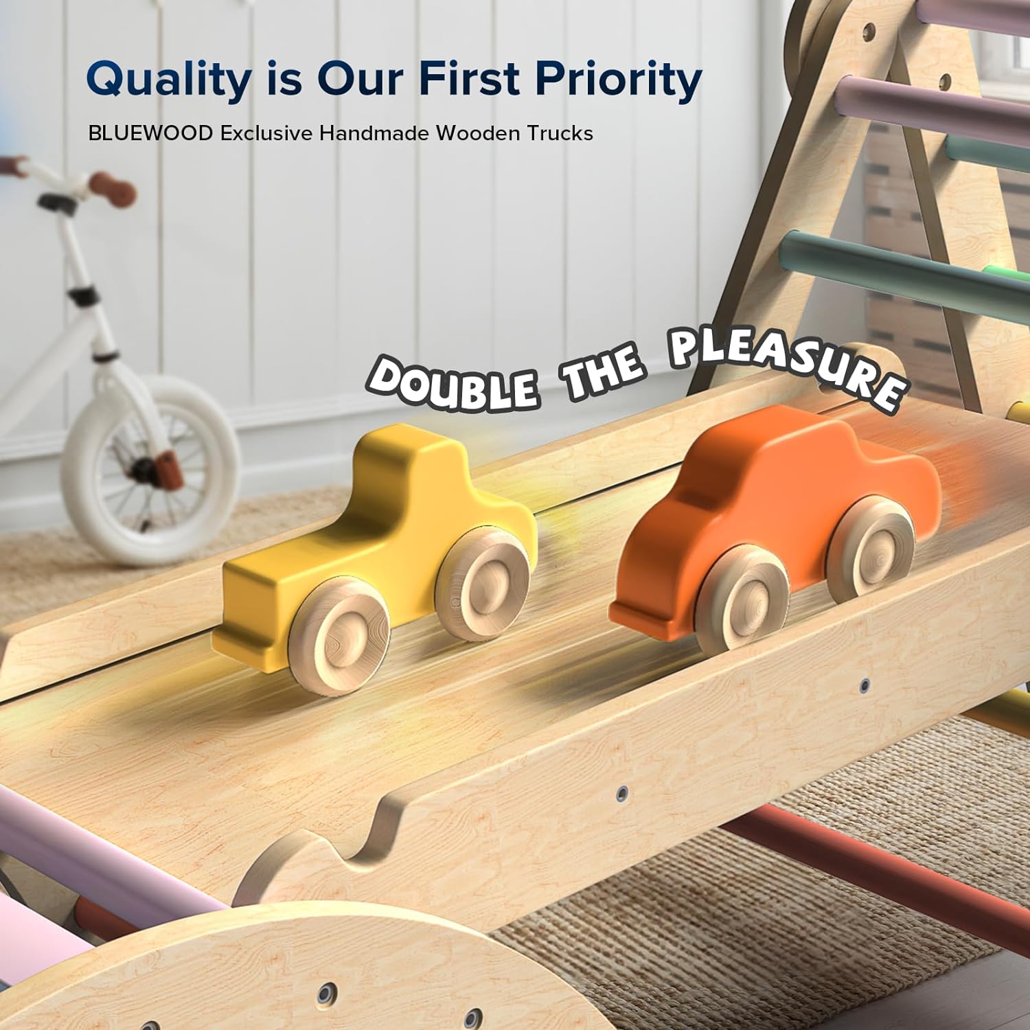BlueWood 7-in-1 Foldable Pikler Triangle Set for Toddlers – Wooden Montessori Climbing Toys with Slide, Arch & Ladder, Safe & Eco-Friendly Indoor Jungle Gym