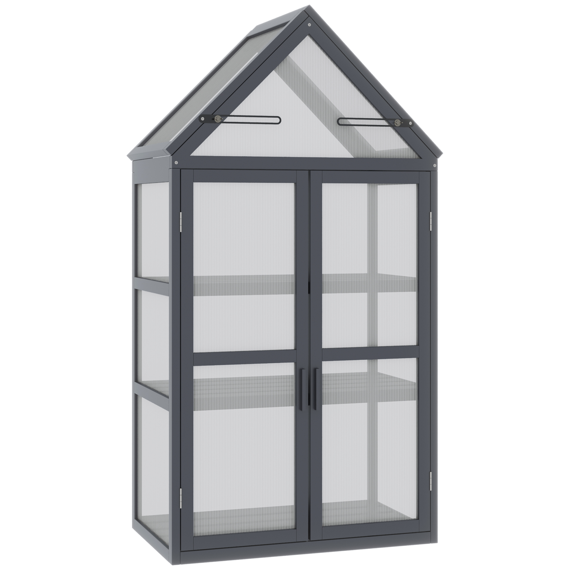 Outsunny kas met 3 planken, massief hout, behuizing van polycarbonaat, grijs, 70,5 x 42 x 132 cm