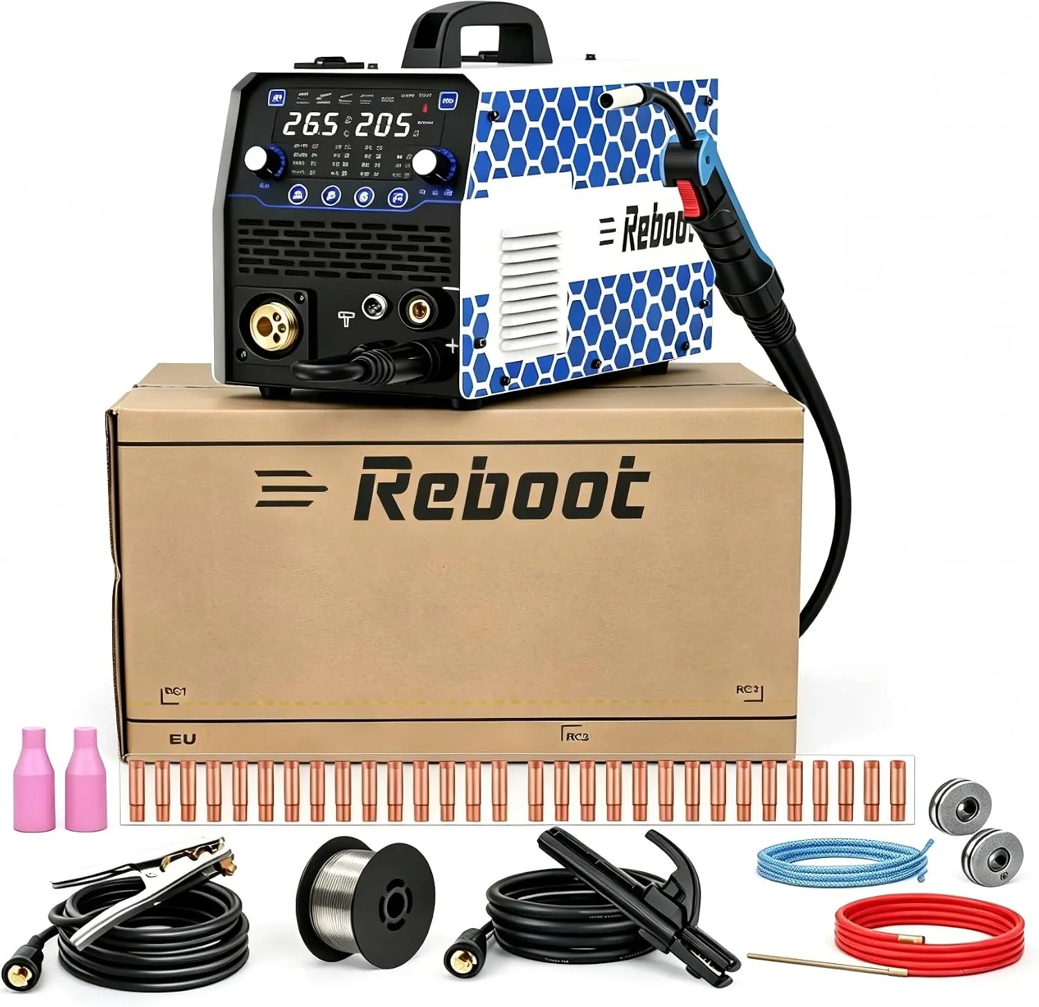 Soldador Reboot Soldadora multifunción 7 en 1 205 A, MIG/MAG, sin gas, MMA, Lift-TIG, soldadura por puntos, preparación de aluminio, naranja