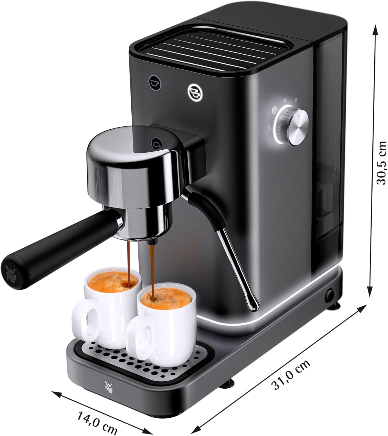 WMF Lumero Espressomaschine Siebträger 1400 Watt, Siebträgermaschine, 3 Einsätze, für 1-2 Tassen Espresso, auch für Pads, 15 bar, Tassenabstellfläche, Milchaufschäumdüse, grau