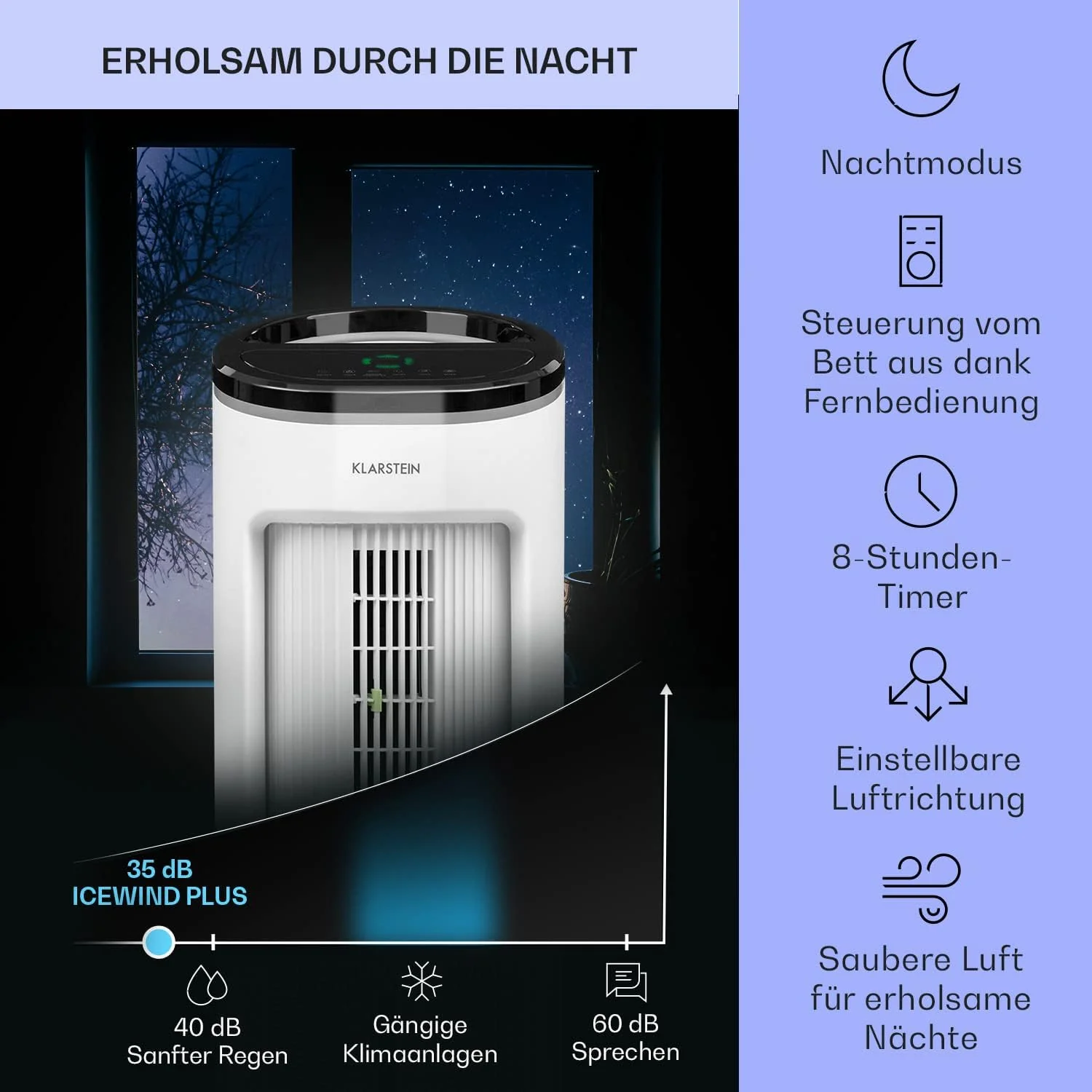 Klarstein Luftk��hler mit Wasserk��hlung, Leiser 4-in-1 Verdunstungsk��hler, Luftbefeuchter, Ventilator & Nachtmodus, Mobile Klimager?te Luftk��hler 7L, 65W Air Cooler, 330m3/h K��hlender Luftstrom