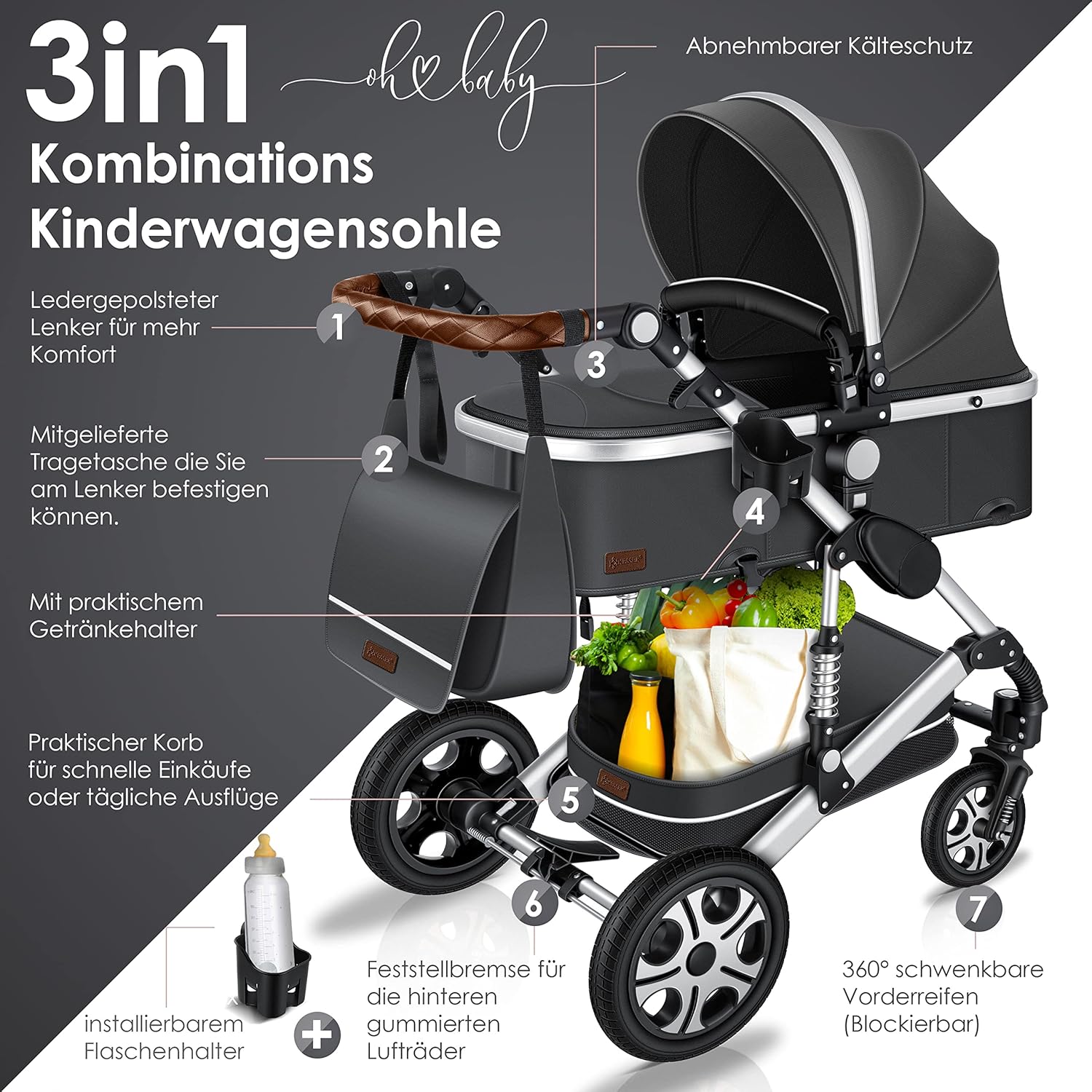 KESSER® Loops 3 in 1 Kinderwagen Kombikinderwagen Komplett-Set inkl. Babywanne & Buggy Sportsitz & Auto-Babyschale Voll-Gummireifen Wickeltasche Regenschutz Kindertisch ECE R129, Grau/Silber