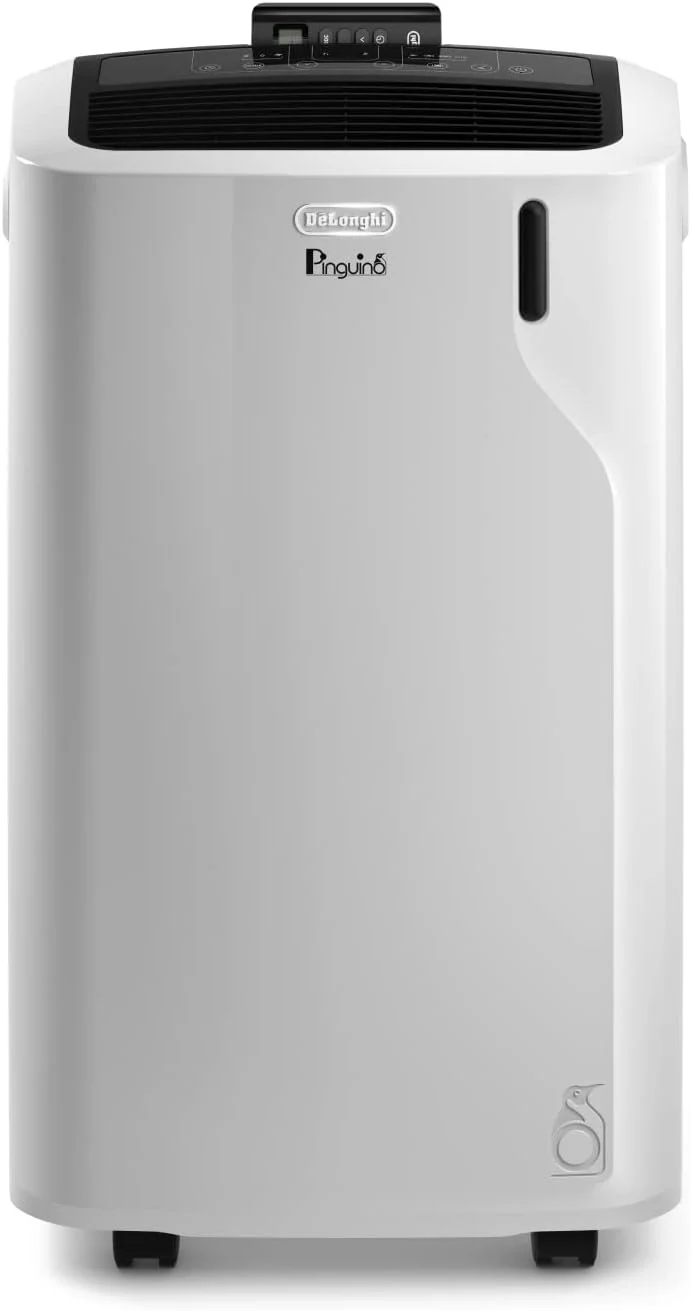 De'Longhi Pinguino PAC EM93 Silent, climatizzatore portatile per ambienti fino a 90 m³, 10.500 BTU/h, 2,6 kW, 63 dB, funzione deumidificatore, classe energetica A, timer 24 ore, bianco