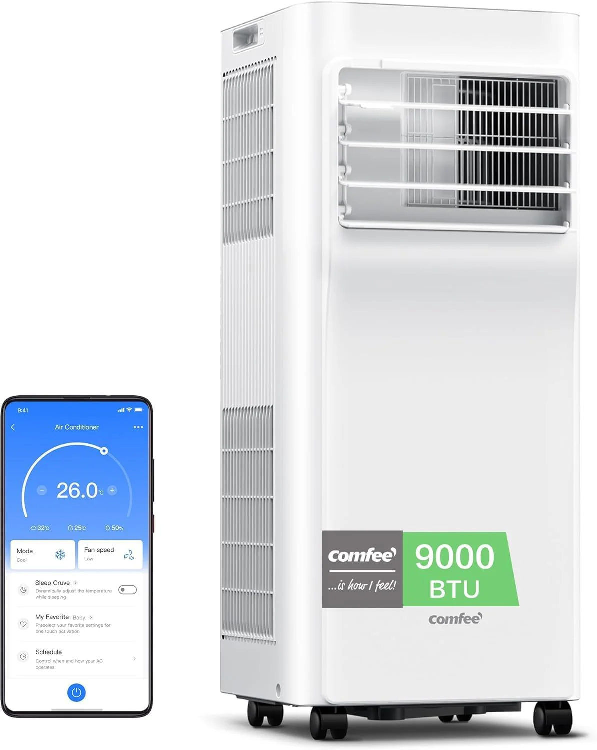 COMFEE Penguin Portable Air Conditioner 3 in 1 | 9000 BTU/2250 Refrigerators with App + Remote Control | Air Conditioner and Dehumidifier | Low Consumption | Follow Me Function | Includes Window Kit