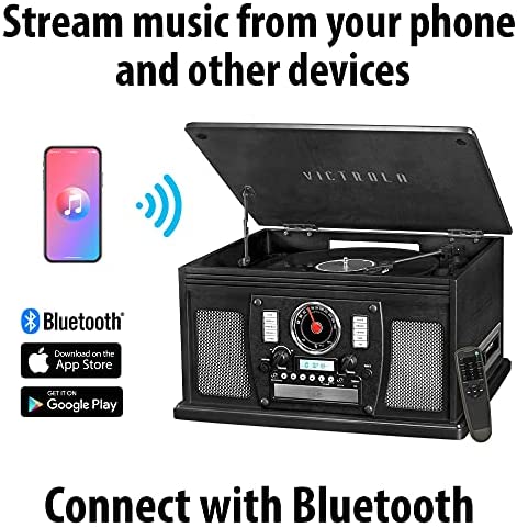 Victrola 8-in-1 Bluetooth Record Player & Multimedia Center with Stereo Speakers, Vinyl/CD/Cassette/FM/Bluetooth, Retro Wood Design