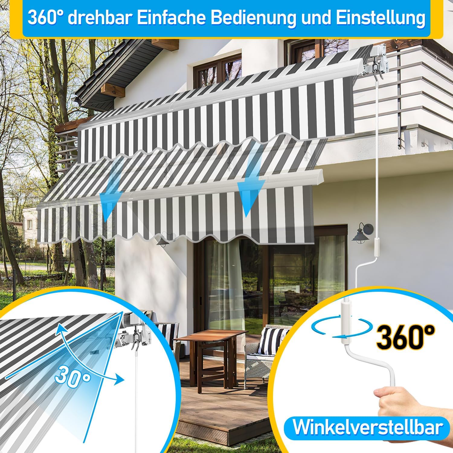 Toldo con brazo articulado, 250 x 200 cm, toldo manual con manivela, ajuste de ángulo de hasta 30 grados, protección solar, protección contra el agua, incluye soporte de pared, color blanco y