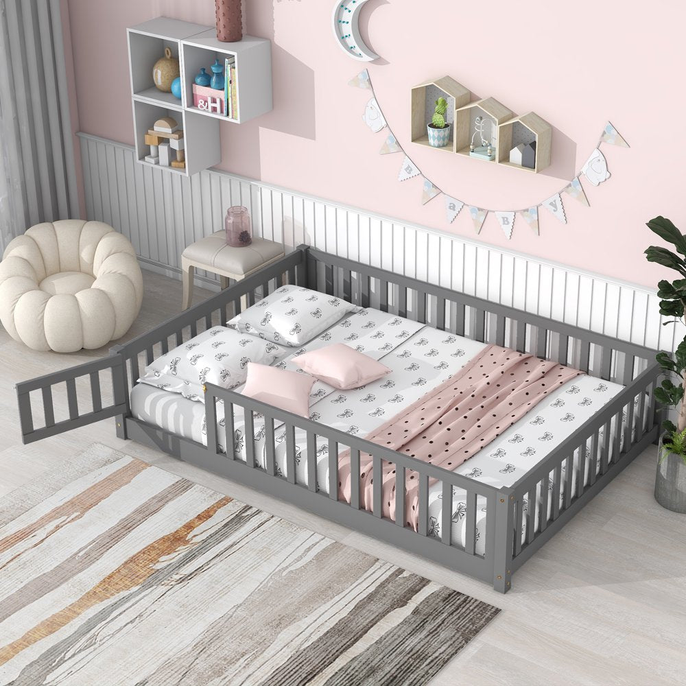 Uhomepro Full Size Wood Floor Bed Frame with Fence and Door for Kids, Toddlers