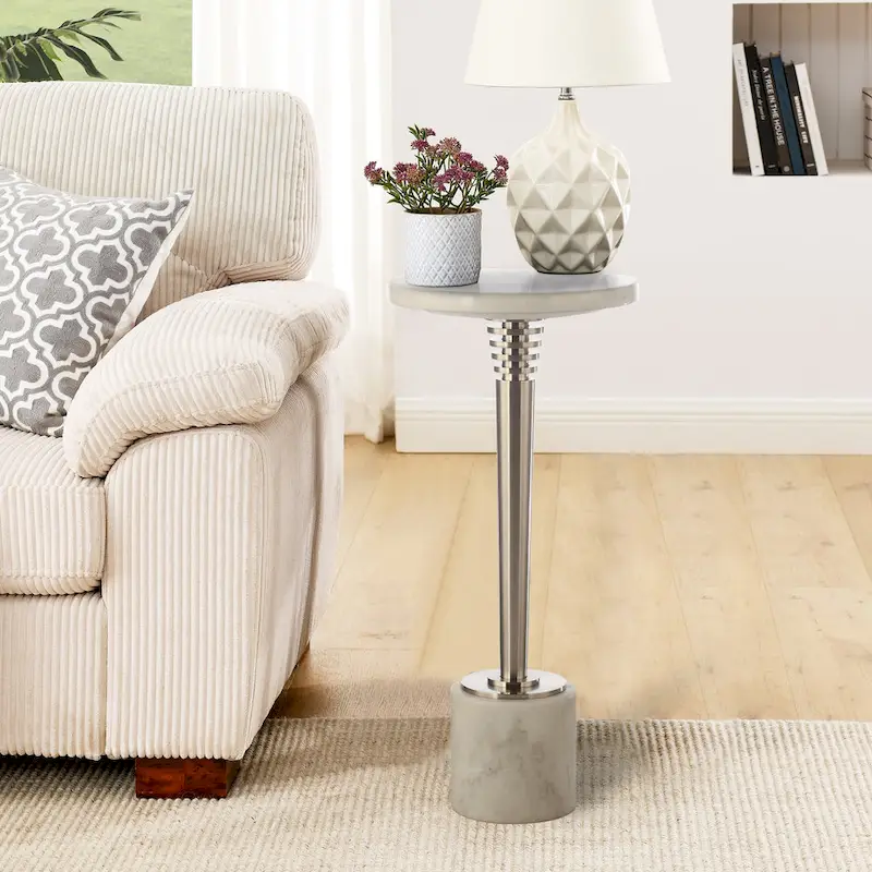 Round Marble Accent Side Table with Metal Base