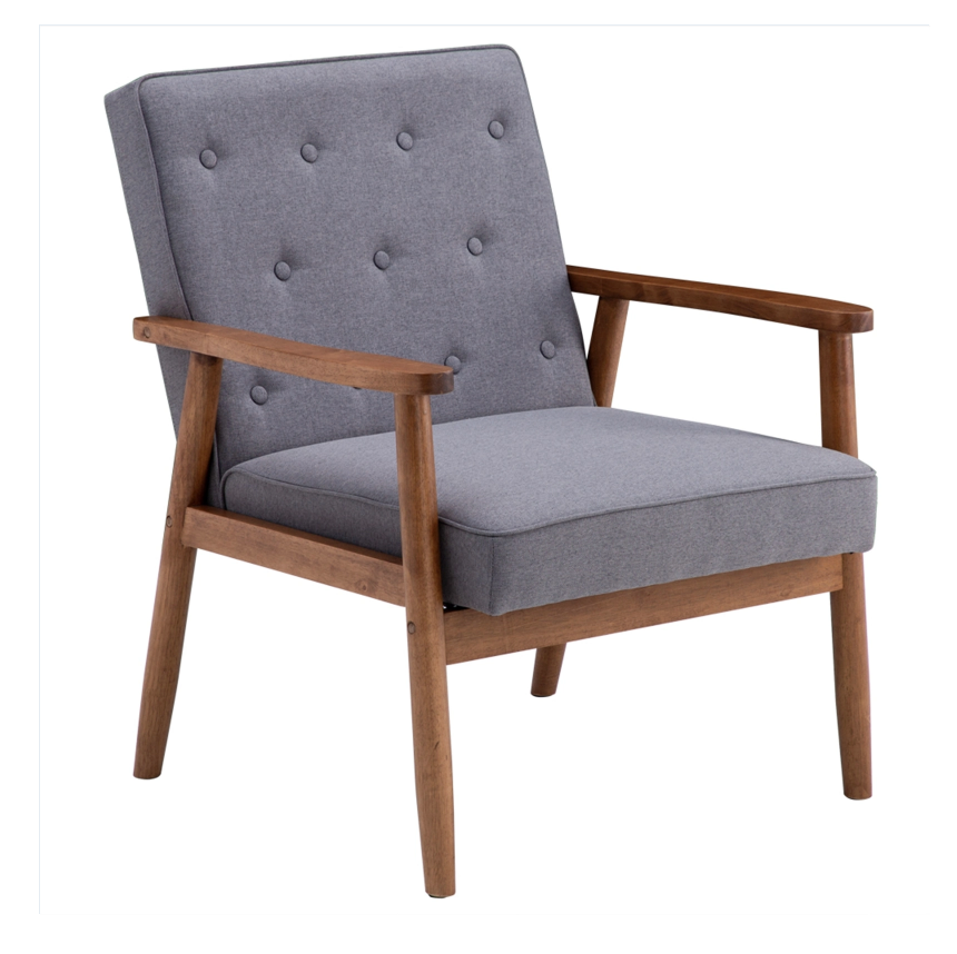 (75 x 69 x 84) cm Retro Modern Wooden Single Chair, Grey Fabric