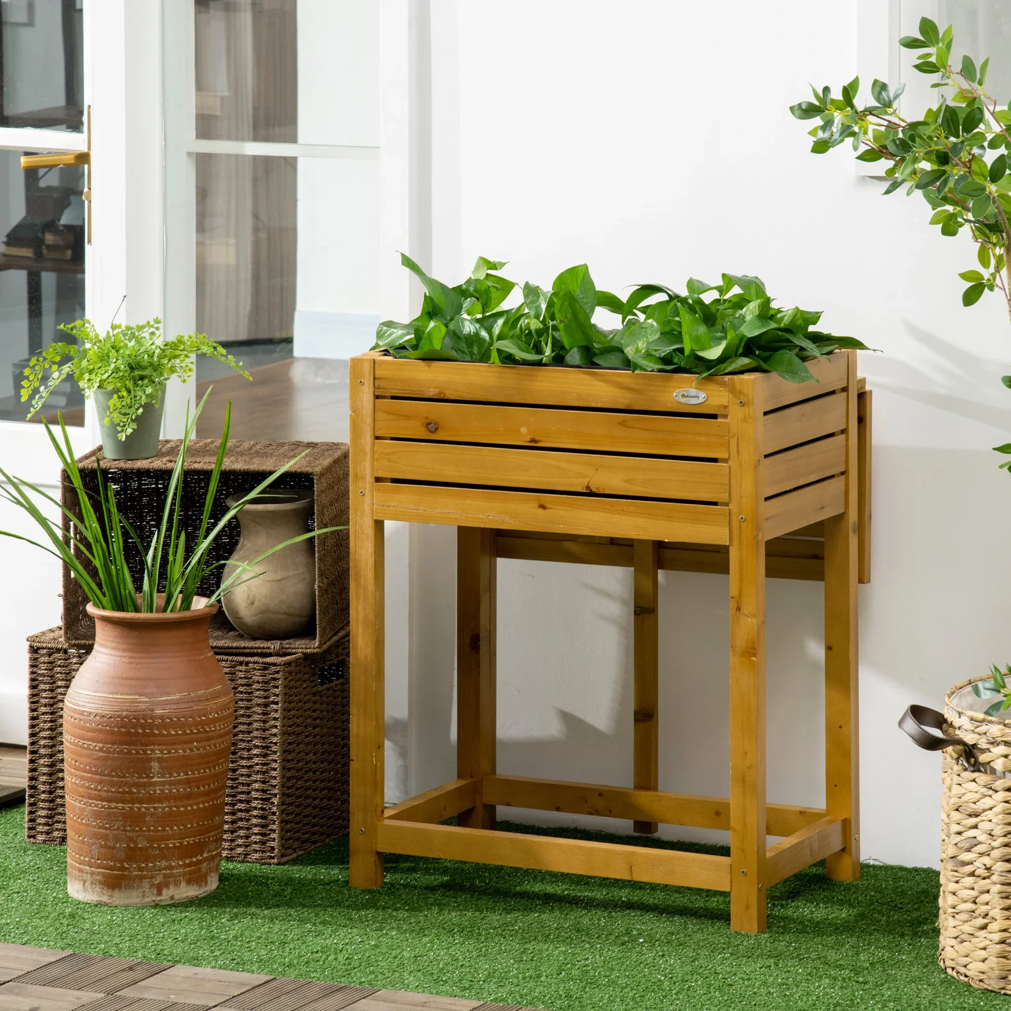 Outsunny Verhoogd Plantenbak Opklapbaar Massief Hout
