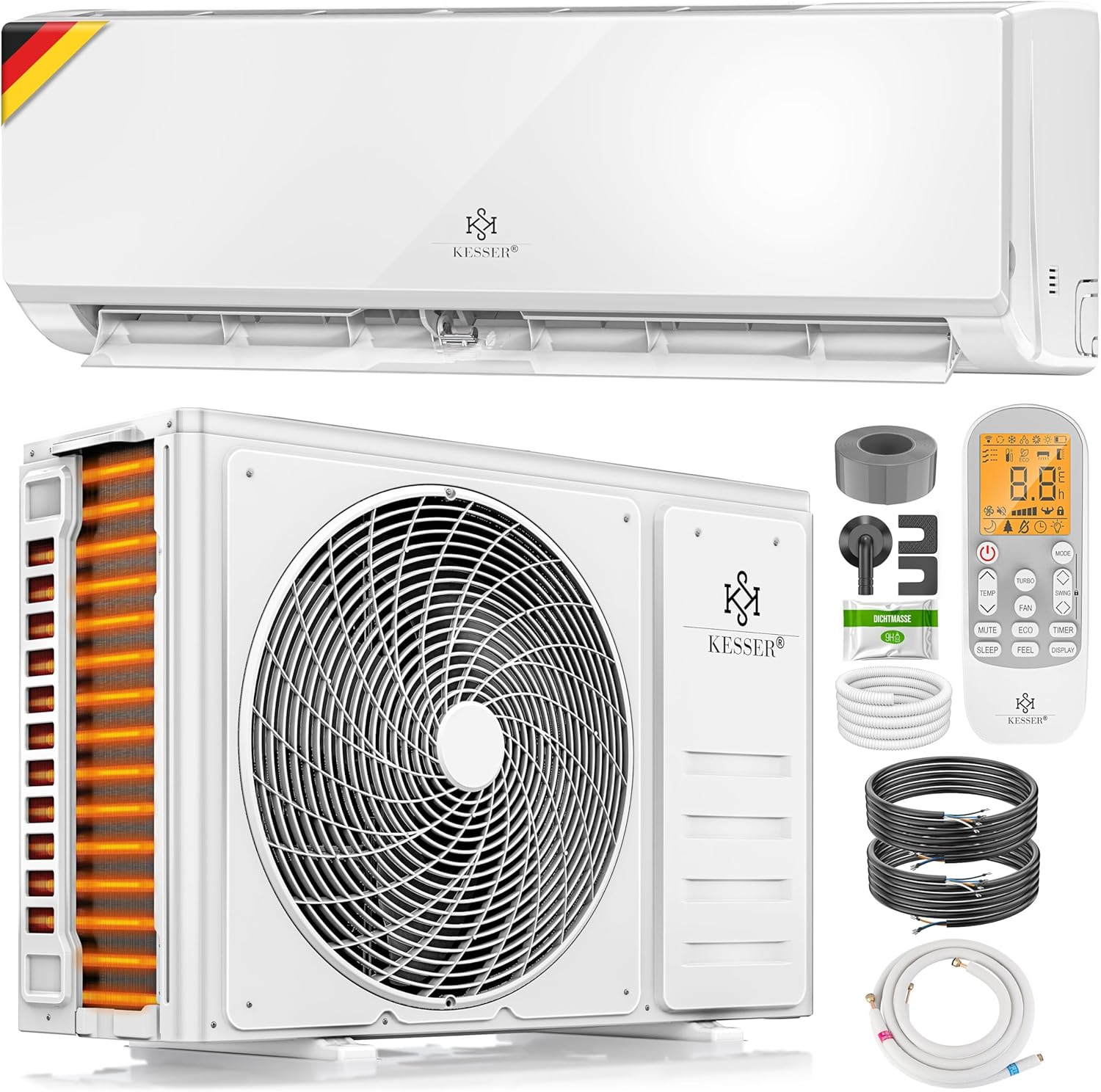 KESSER® Klimaanlage Set Split, WiFi/App Funktion Klimagerät, Kühlen A++/Heizen A+ -9000 BTU/h (2.600 W) sehr leise, Kältemittel R32, Fernbedienung, Timerfunktion, Montagematerial [Energieklasse A++]