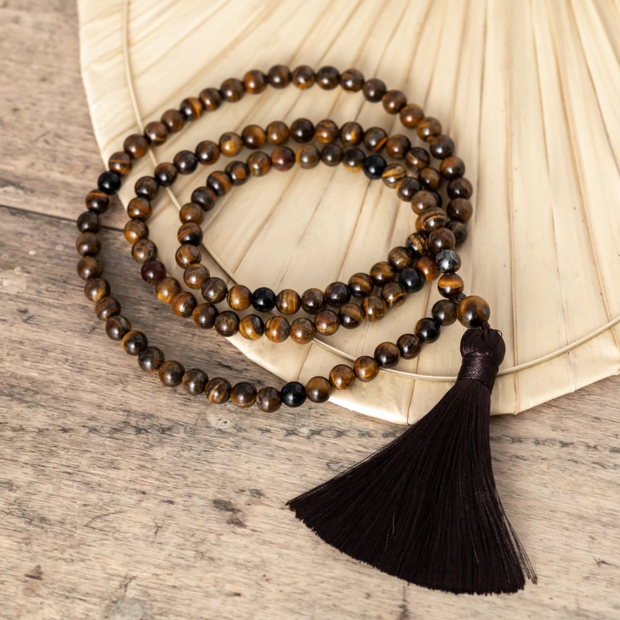 Tibetaanse Mala Ketting - Tijgeroog & Onyx - Kwastje