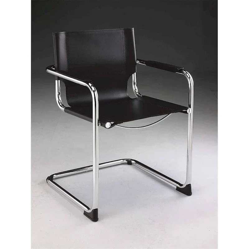 Set of 2 Black Leather Dining Chairs with Chrome Frames