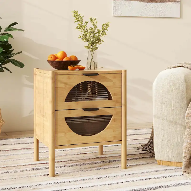 Costway Bamboo Nightstand with 2 Storage Drawers - Available in 1 or 2 Pieces with Reeded Design