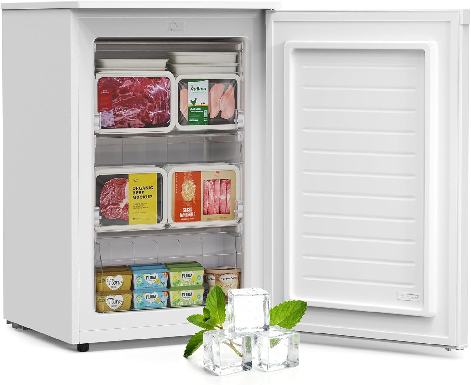 Upstreman 98L Gefrierschrank，Tiefkühltruhe mit 3 Fächer (1 Schublade)，Vier-Sterne-Kühlung Freezer, Gefrierschrank Kompakt UF98-Weiß