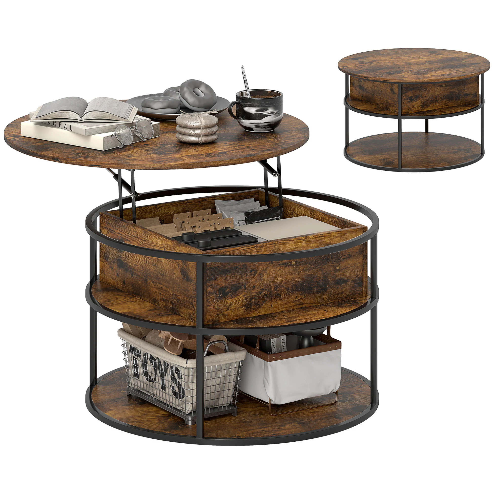 HOMCOM Ronde Koffietafel met Ophefbaar Tafelblad, Opbergruimte, Zijvakken, Stalen Frame, Salontafel, Bruin