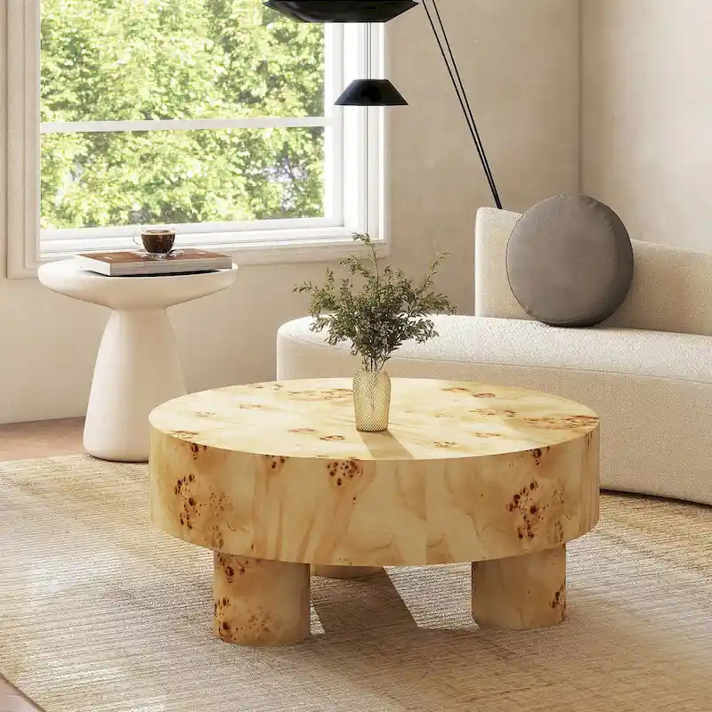 Nebula 35.5-Inch Round Burl Wood Coffee Table with Elegant Pillar Legs