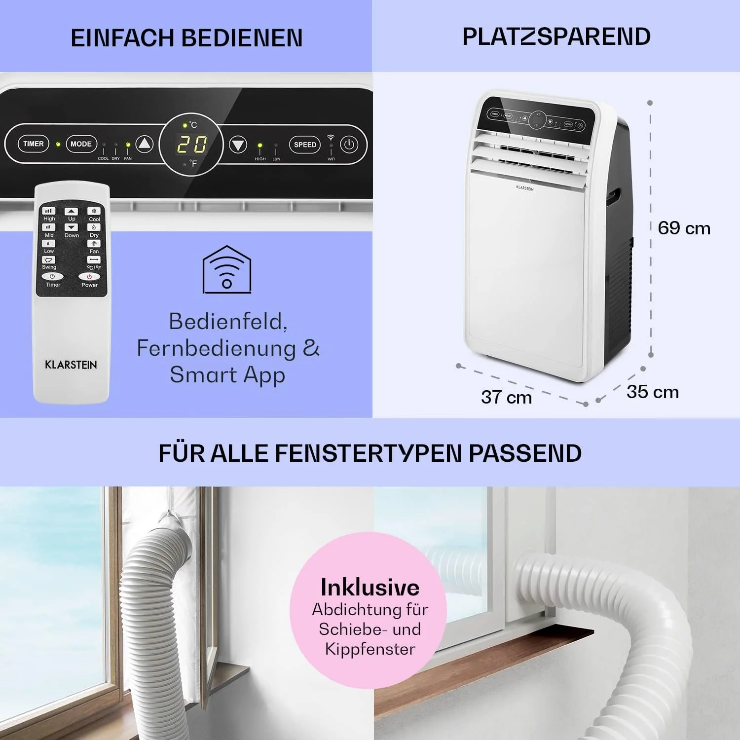 Klarstein Mobile Klimaanlage mit Abluftschlauch, 4-in-1 Klimagerät mit Ventilator, Luftentfeuchter & Nachtmodus, Kleine & Portable Klimaanlage für Wohnung & Büro, Niedriger Verbrauch, 9000 BTU