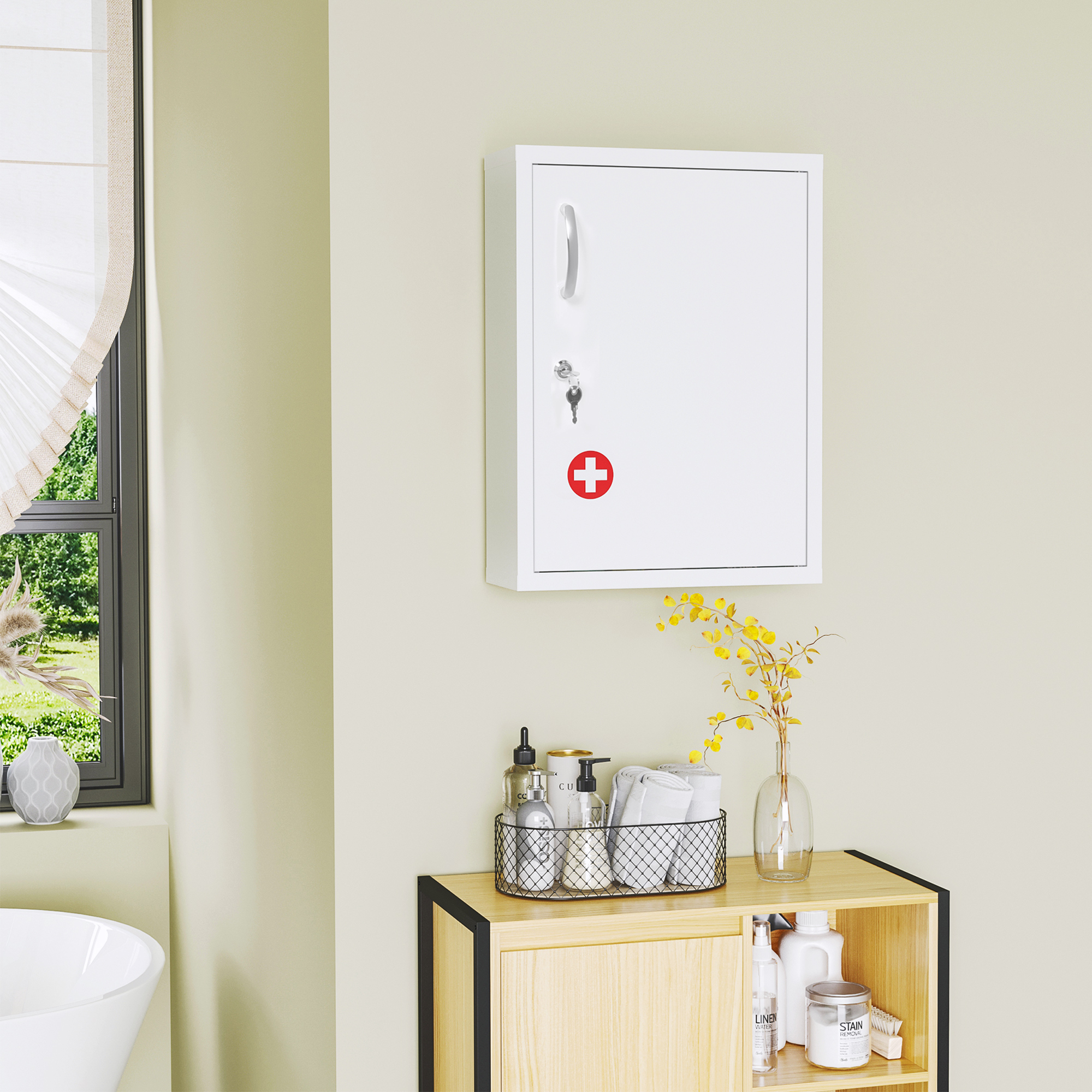 kleankin Medicijnkast, 3 Compartimenten, Afsluitbaar, met Receptenvak, Stevig Stalen Behuizing, Wit, 40 x 15 x 53,5 cm