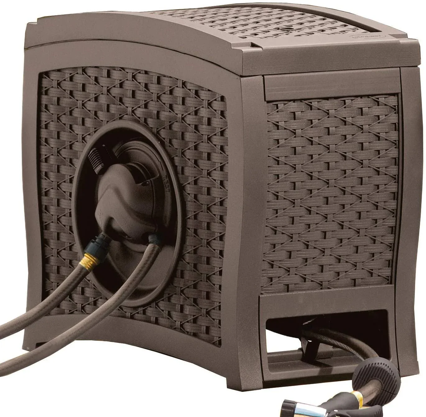 Suncast Aquawinder 125 Wicker Garden Hose Reel Lightweight Portable Hands Free Water Powered Retractable Hose Reel Java