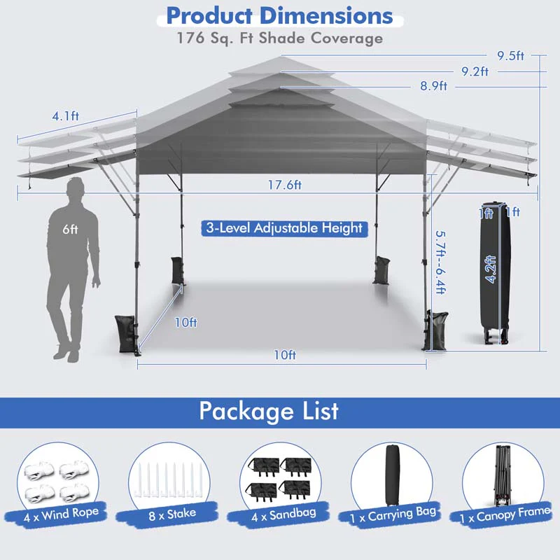 Eletriclife 10 x 17.6 Feet Outdoor Instant Pop-up Canopy Tent with Dual Half Awnings