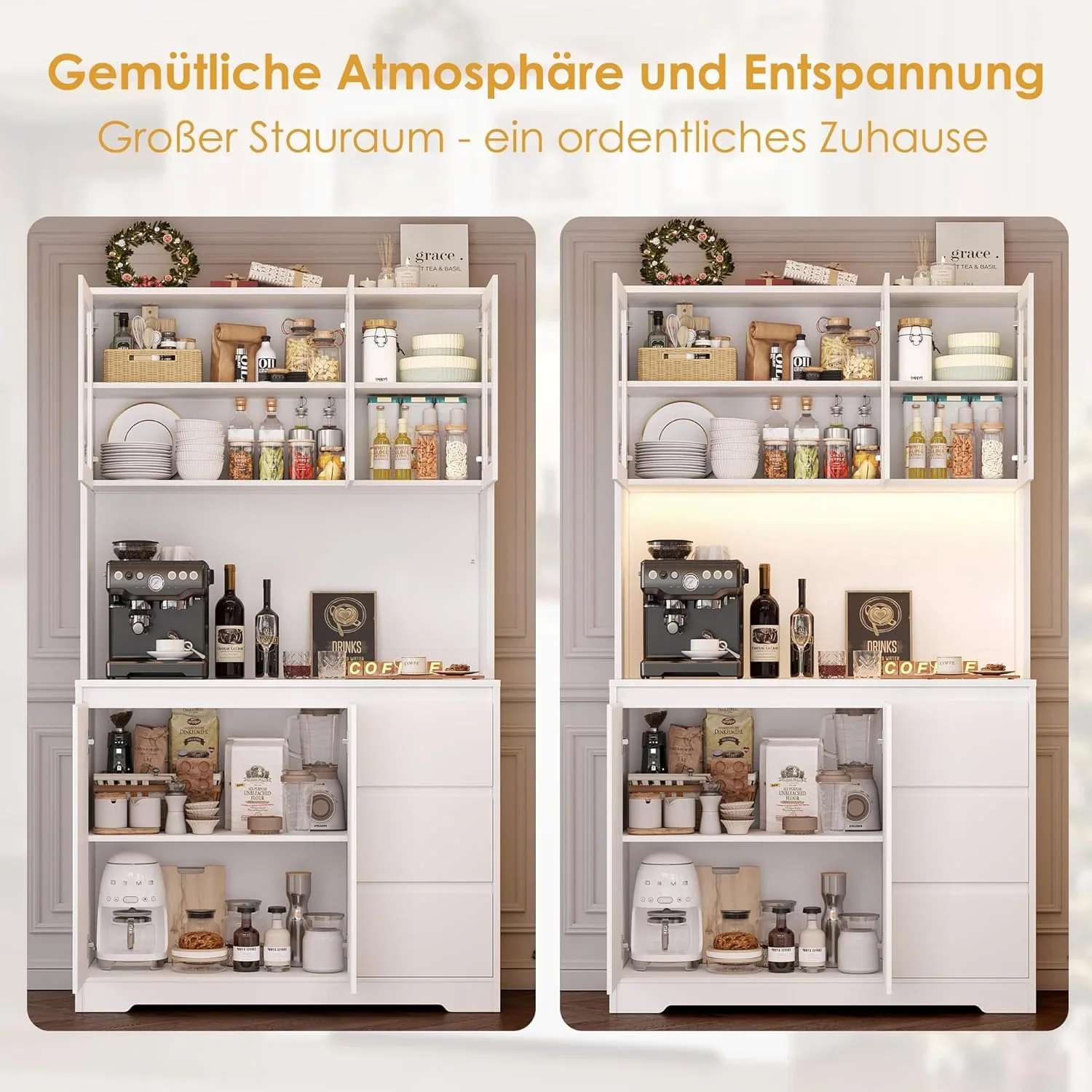 Alacena de cocina FirFurd con LED y regleta, aparador de cocina con encimera y 3 cajones, buffet de cocina con estante ajustable, aparador para cocina, 180x100x38.5 cm, blanco