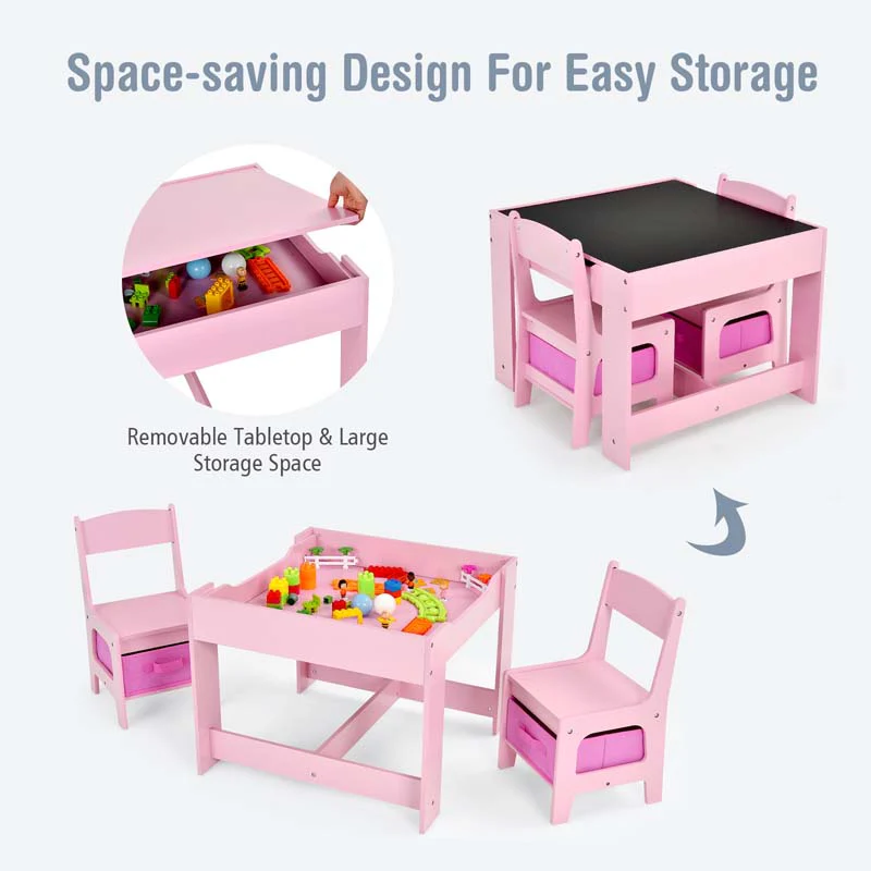 3-in-1 Kids Wood Table Chairs Set with Blackboard & Storage Drawers, Children Multi Activity Table for Learning Playing Drawing