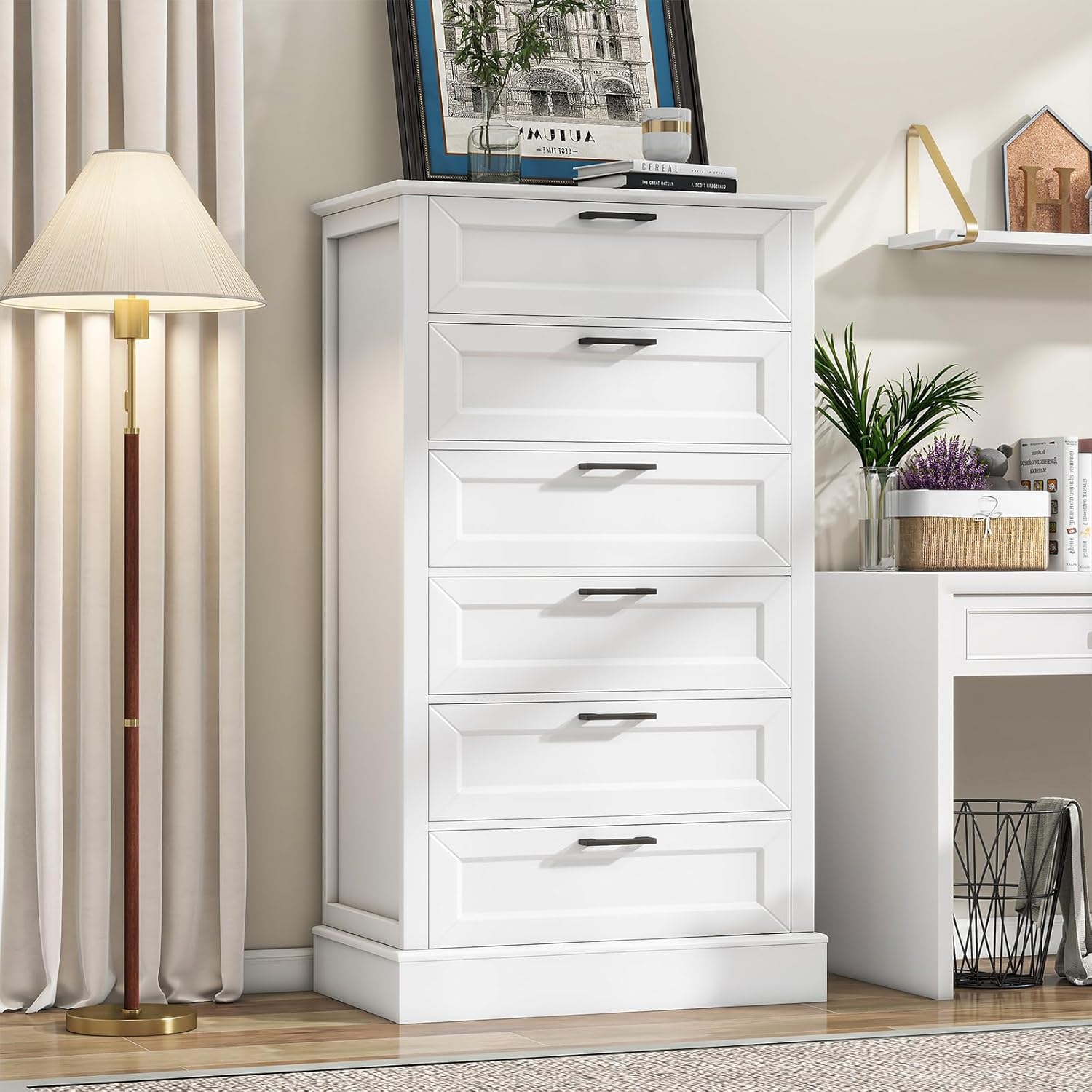 White 6 Drawer Dresser, 55 Inch Tall White Dresser for Bedroom, Modern Farmhouse Style Chest of Drawers for Bedroom Living Room, Wood Rustic Tall Clothing Organizer for Closet, Living Room, Hallway