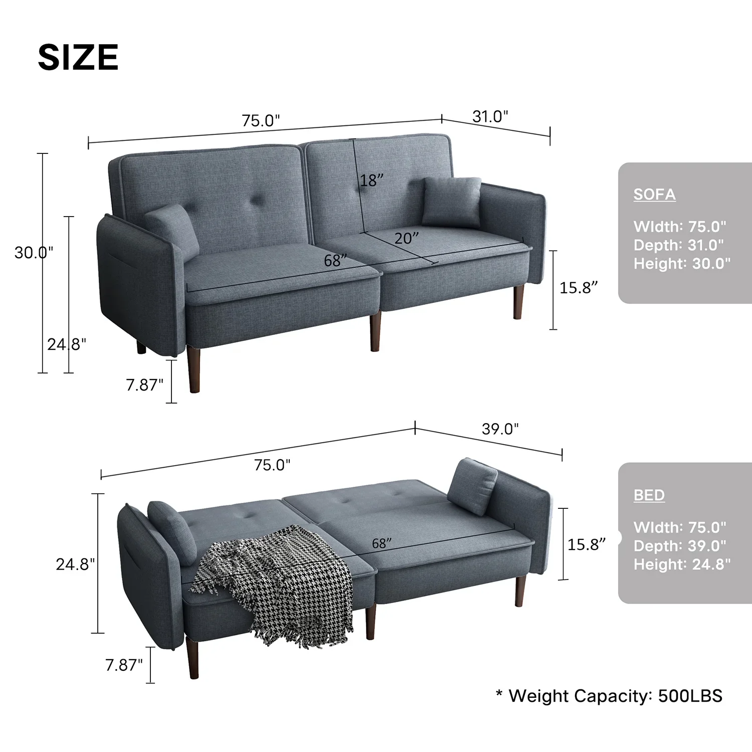 Sofá Futón Moderno Gris de Tela con Patas de Madera Sólida, Cama Convertible con Almohadas de Acento