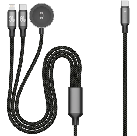 3-in-1 Ladekabel für Apple Watch  1,2 m �?USB-C 60W, Lightning 30W &Ladefunktion
