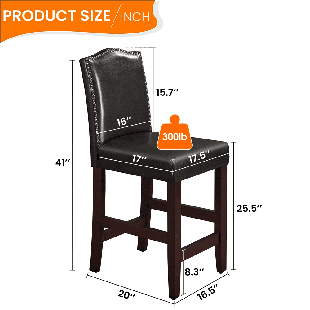 25.5 H Leather Counter Height Bar Stools Fullback, 2pcs, Brown