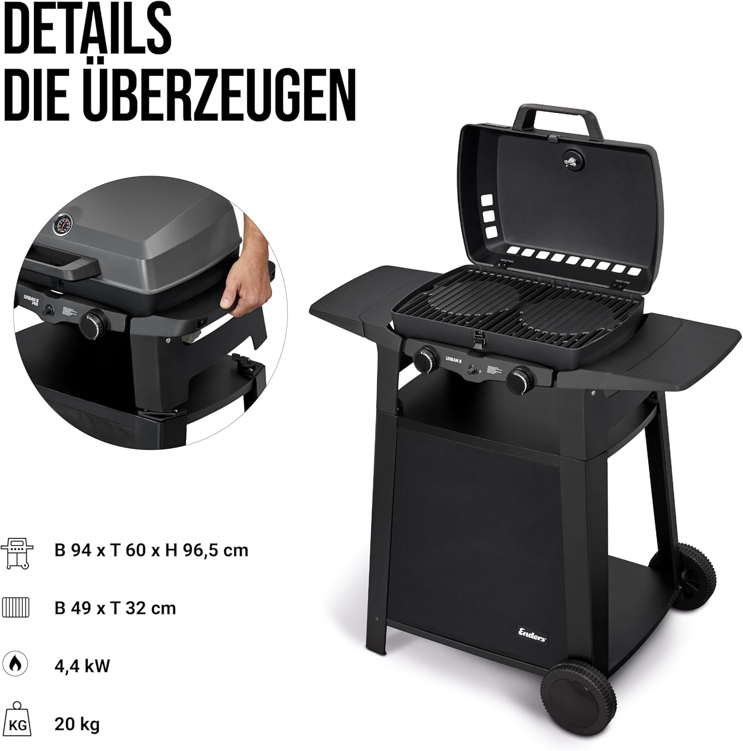 EndersGasgrill Urban II Pro, Tischgrill, Grillen-, Kochen- und Backen Funktion, 2 Brenner Edelstahl, mit Grill-Thermometer, Balkon-, Camping-Grill, Aluguss-Gehäuse, Gusseisen-Rost, #2062
