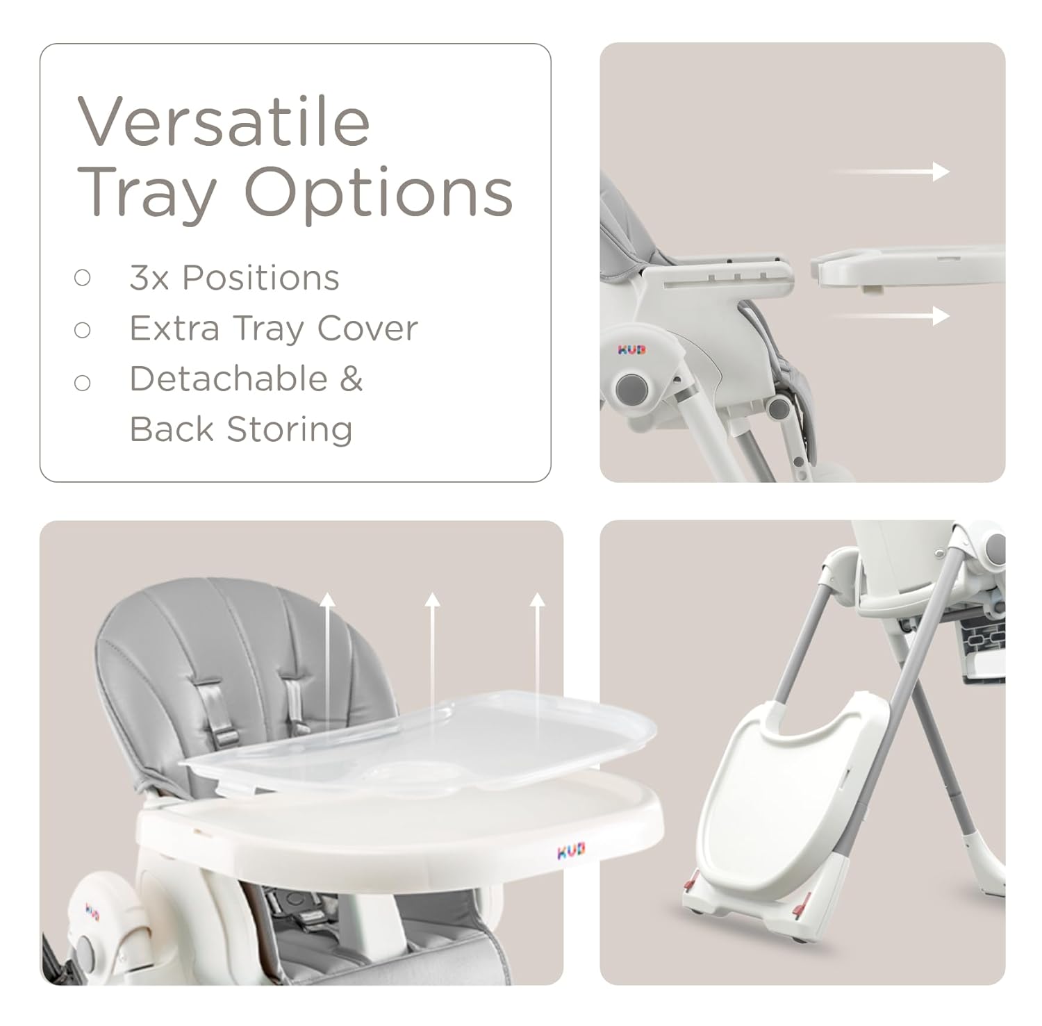 JBG Foldable Baby High Chair, Grey Faux Leather, Adjustable Height & Recline, Removable Tray, Locking Wheels, 5-Point Harness